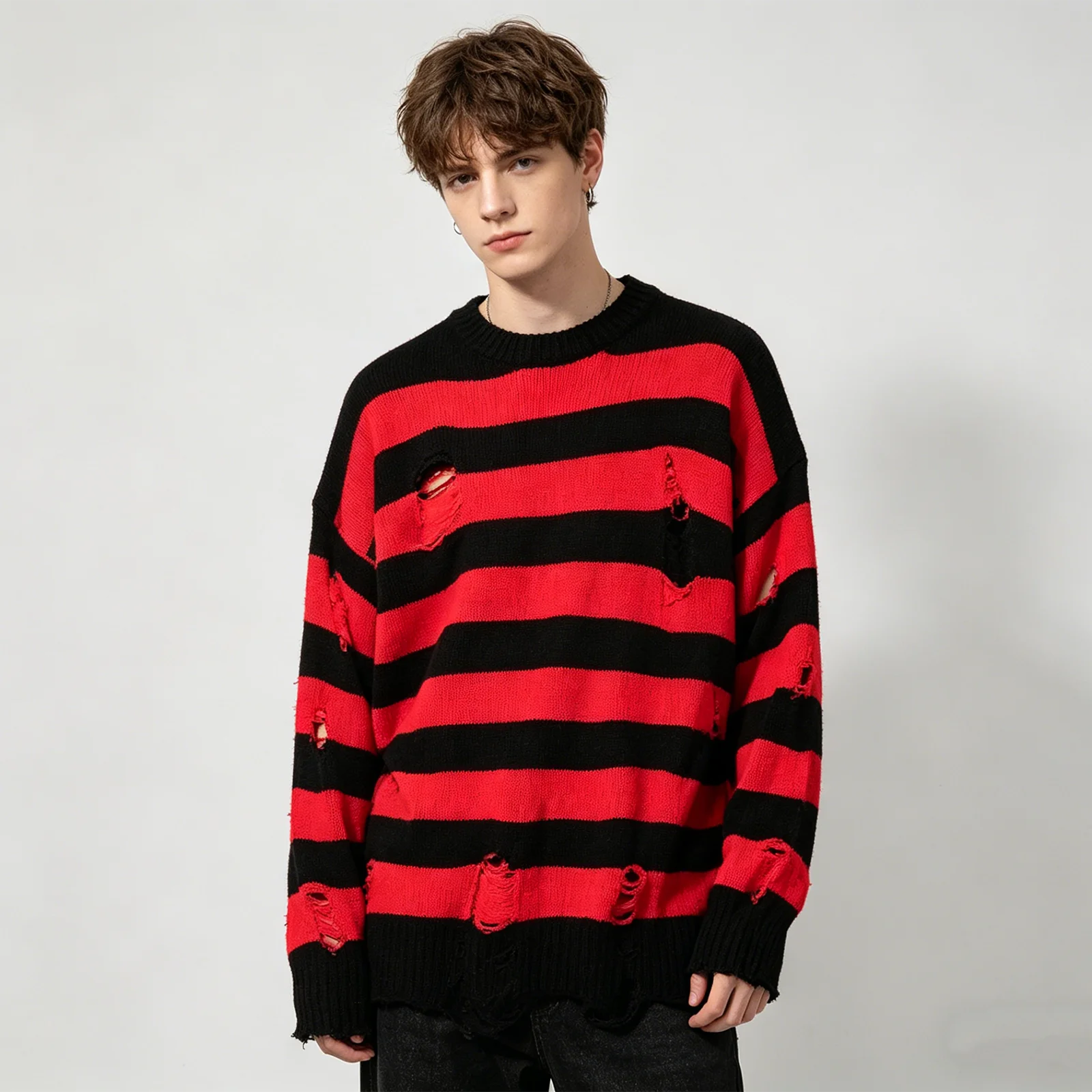 Schwarz Rot Gestreiften Pullover Gewaschen Zerstört Zerrissene Pullover Männer Loch Knit Jumper Männer Frauen Übergroße Pullover Harajuku
