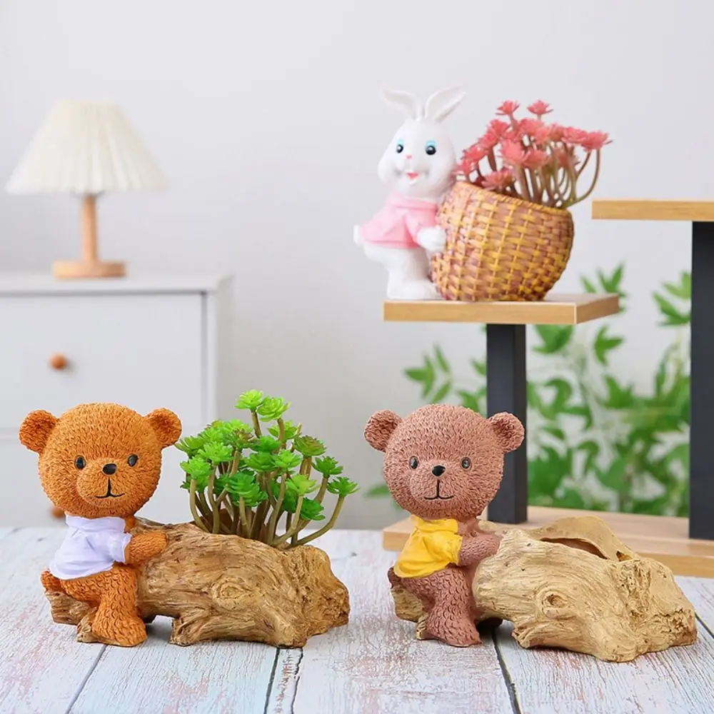 Natural Style Bear Rabbit Figurine Resin with Drainage Holes Bunny Statue Flowerpot Basket Tree Roots Cute Animal Flowerpot