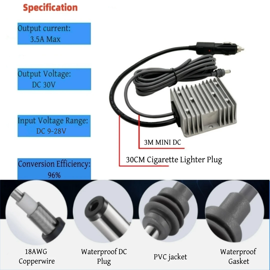 Power Adapter for Starlink Mini 10V-28V to 30V 3.5A 105W | Waterproof Step-Up Converter with 3M DC Cable & Cigarette Plug for RV
