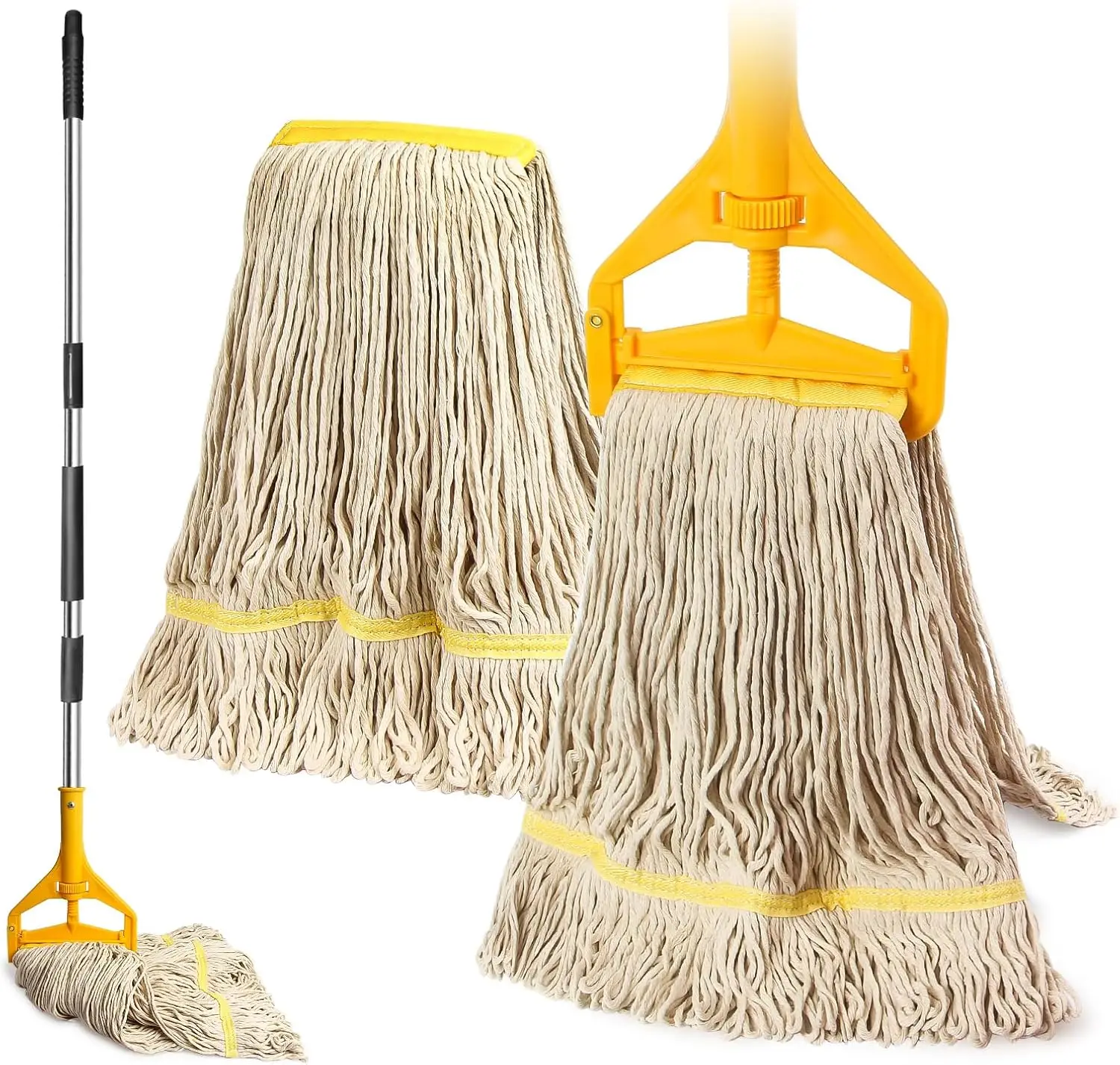 

2 Pack Heavy Duty Cotton Mop Heads with 63 Inch Stainless Steel Handle for Commercial and Home Floor Cleaning