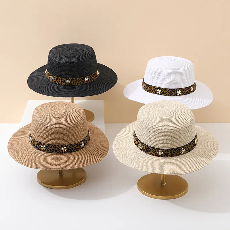 

Flat Top Hat Women's Summer Vacation Seaside Panama Hat Flat Brim French Beach Hat Ribbon Sunshade Casual Straw Hat
