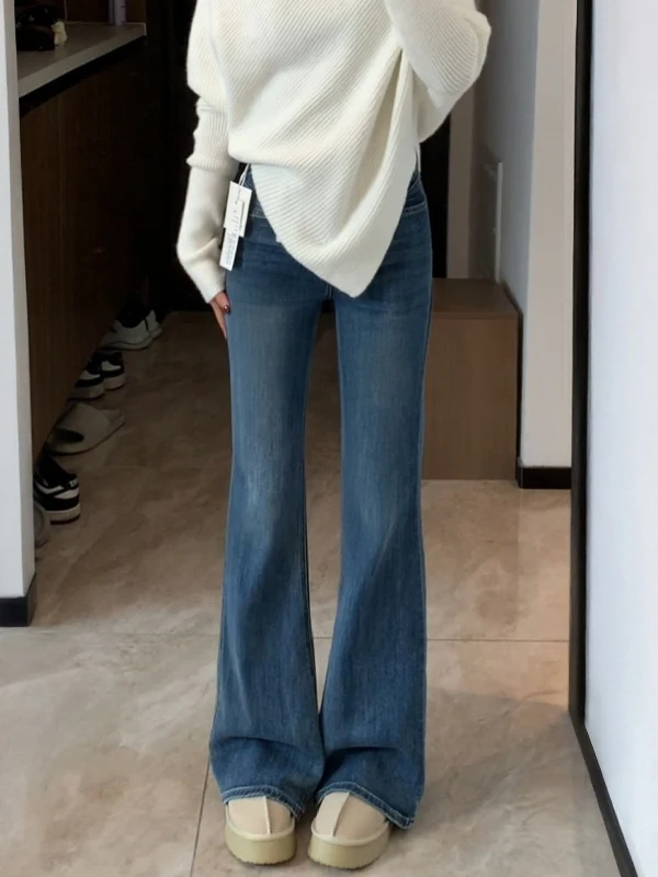 

Джинсы женские с высокой талией, расклешенные, эластичные, на подкладке, из денима, осенне-зимние, больших размеров, прямые, стройнящие