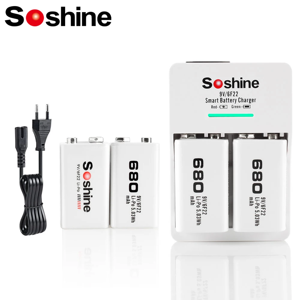 Soshine 680mAh 9V 6F22 Rechargeable Battery and 2 Slots Smart EU US Batteries Charger Ni-MH Lithium LiFePO4 Batteries Charger