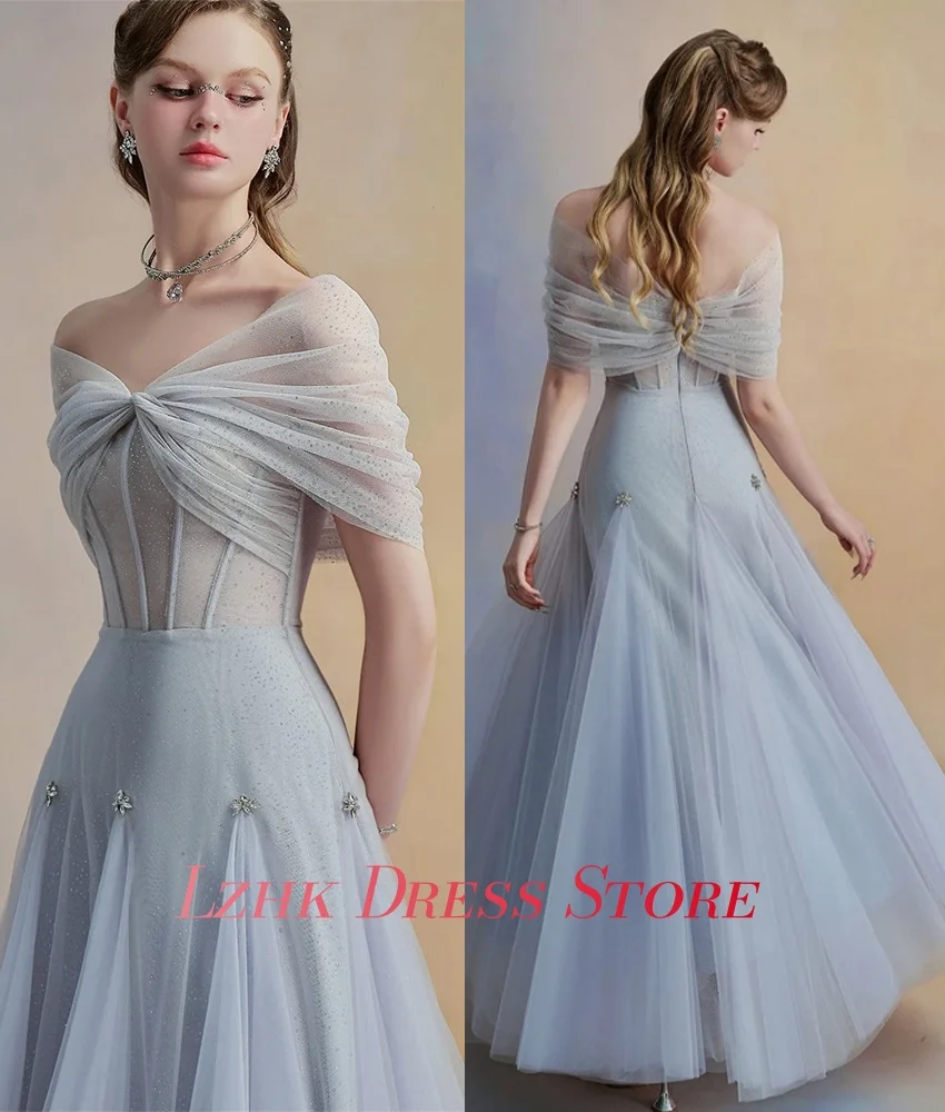 Vestido de noche personalizado de Organza de cristal de lujo, corte en A, hombros descubiertos, temperamento, mangas cortas, cuello en V