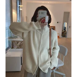 Double Head Zipper Knit Sweater Coat Women Stand Collar Knitted Long Sleeve Solid Color Autumn Winter Y2k Female Cardigan