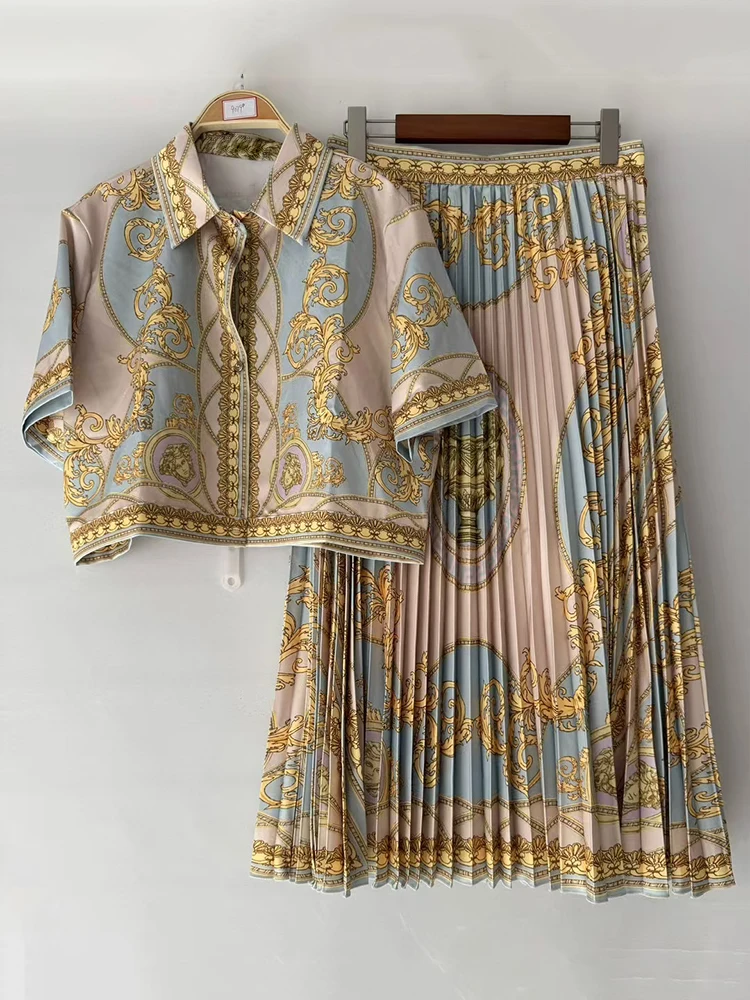 

Retro geometric print lapel short shirt two-piece set for 2025 summer women's clothing+A-line loose pleated skirt fashion set