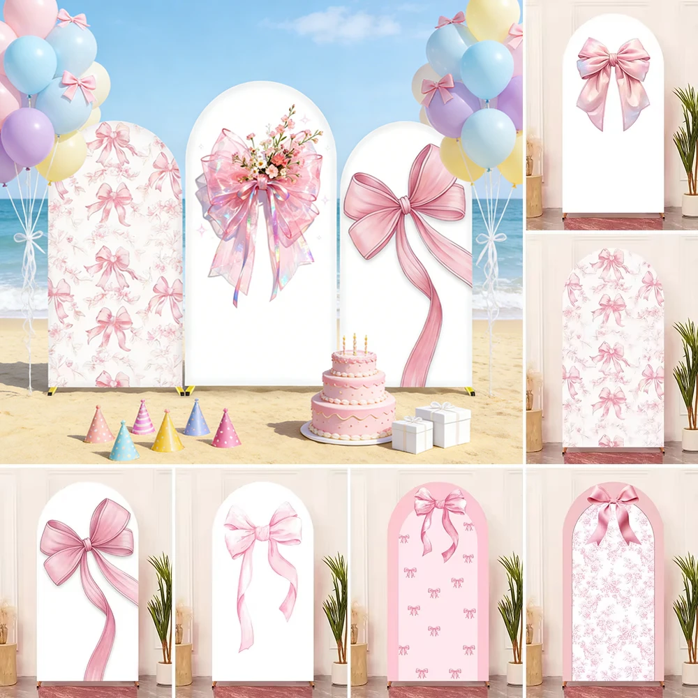 Pink Bow Girl Birthday Arch Backdrop Cover Elastic Stretchable Sweet Wedding Baby Shower Decoration Photography Background ﻿