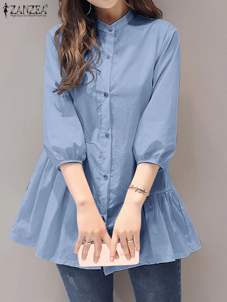 2025 ZANZEA Women Autumn Blouses Fashion Work Shirt Solid Blusas Casual O Neck 3/4 Sleeve Tops Buttons Chemise Oversized Tunic