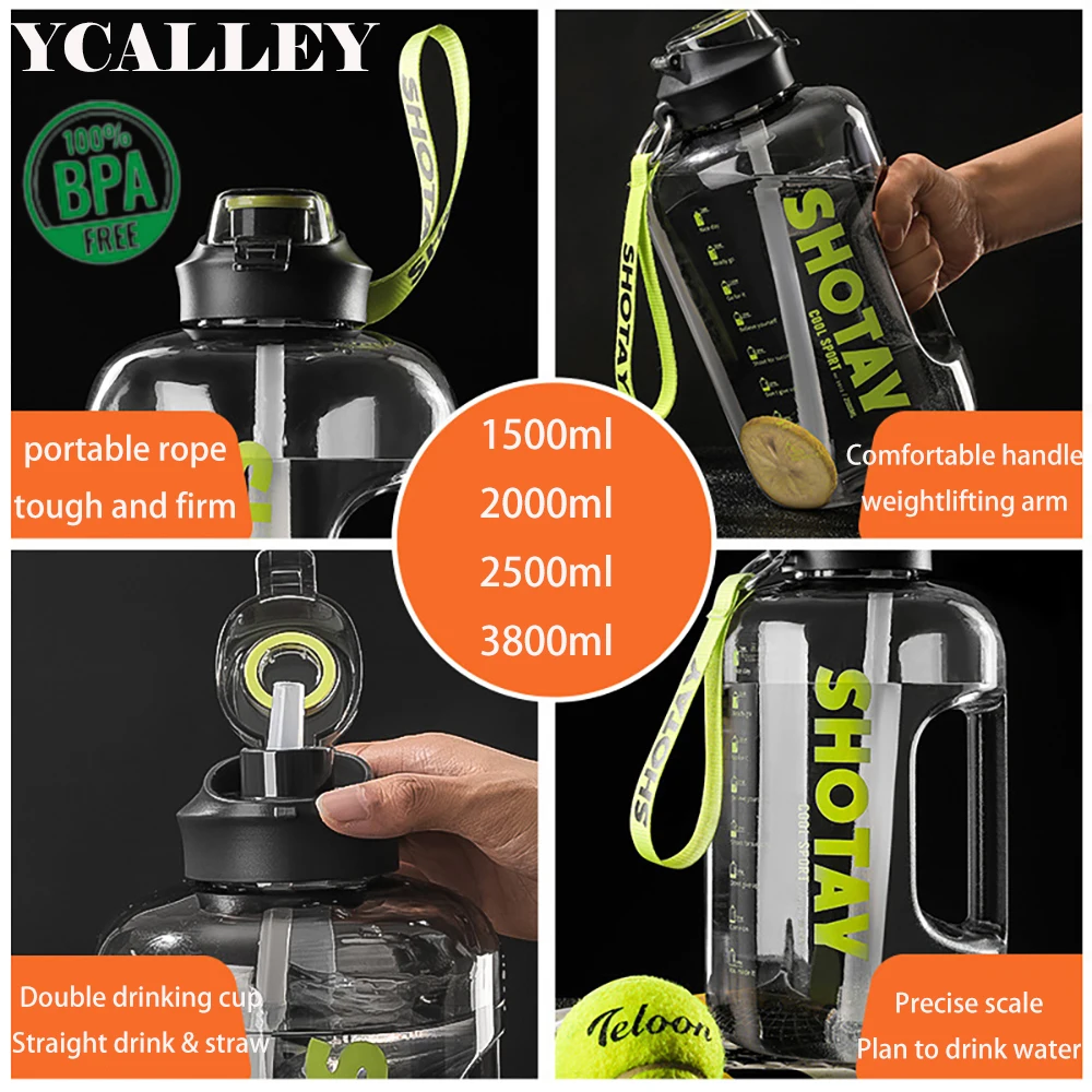 Gallon Sports Water Bottle With Straw 1.5L 2.5L 3.8L Tritan BPA Free Drinking Bottle Portable Fitness Cup Water Bottles 2 Liters