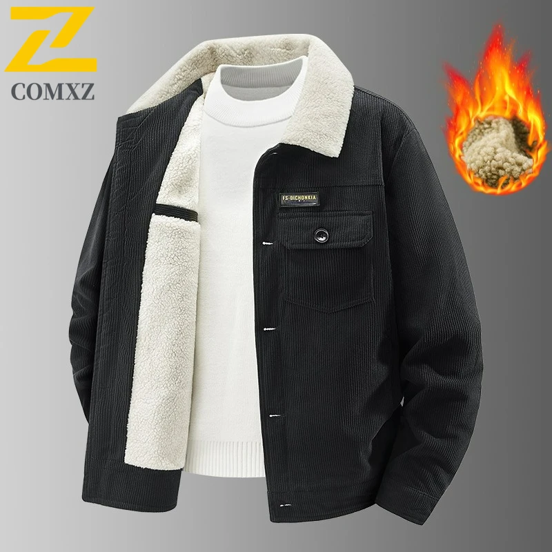 COMXZ Men Corduroy Padding Coat Lapel Outdoor Travel Warm Parkas Single Breasted Business Comfort Lightweight Winter Jackets