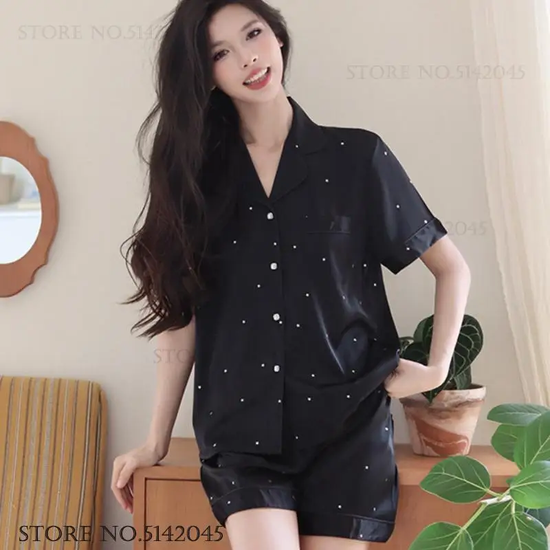 

New Luxury Sequin Women Pajamas 2PCS Sleep Set Summer Short Sleeve Shorts Pyjama Pour Femme Loose Satin Home Clothes Lounge Wear