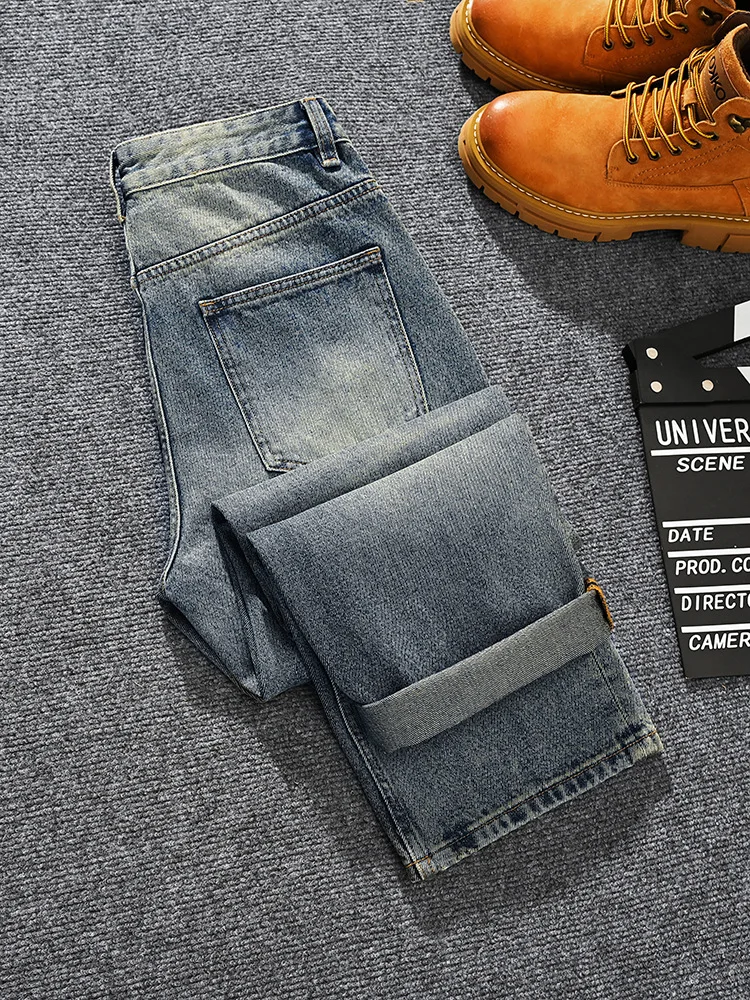

2025 Fashion Street Trendy Brand Retro Jeans Men's Loose Straight Tube Piercing Patch Nostalgic Wide Leg Pants