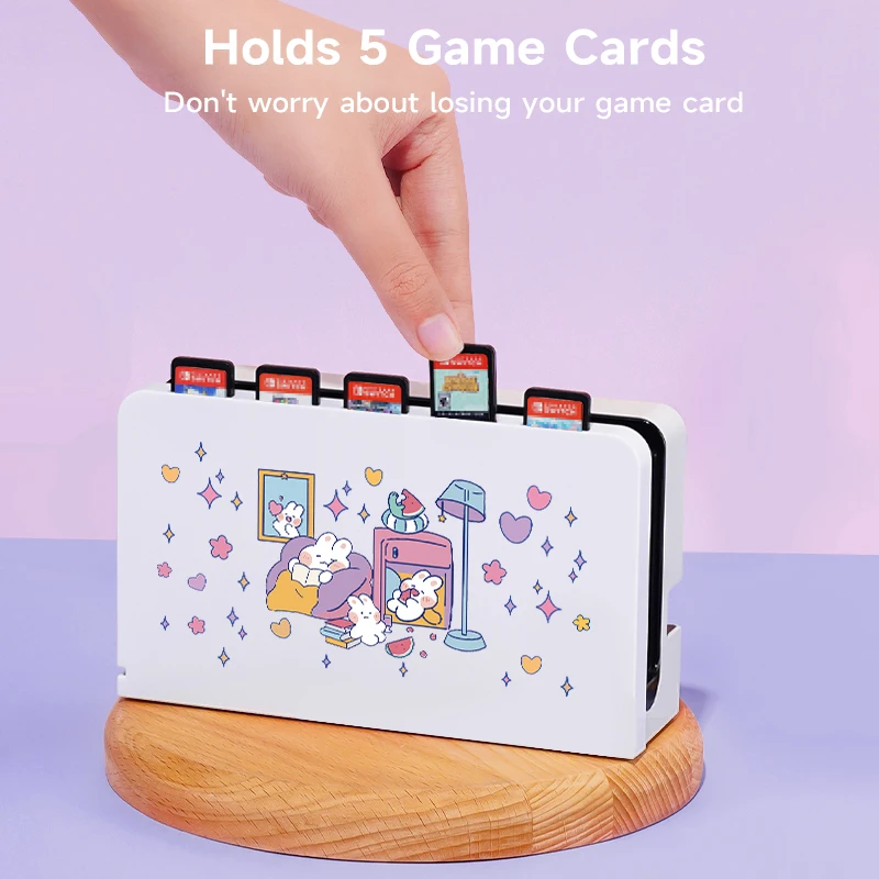 2 Pcs Cute Rabbit Theme Pattern Protective Case with Base Cover Set for Switch OLED/Switch NS, Can Store 5 Game Cards