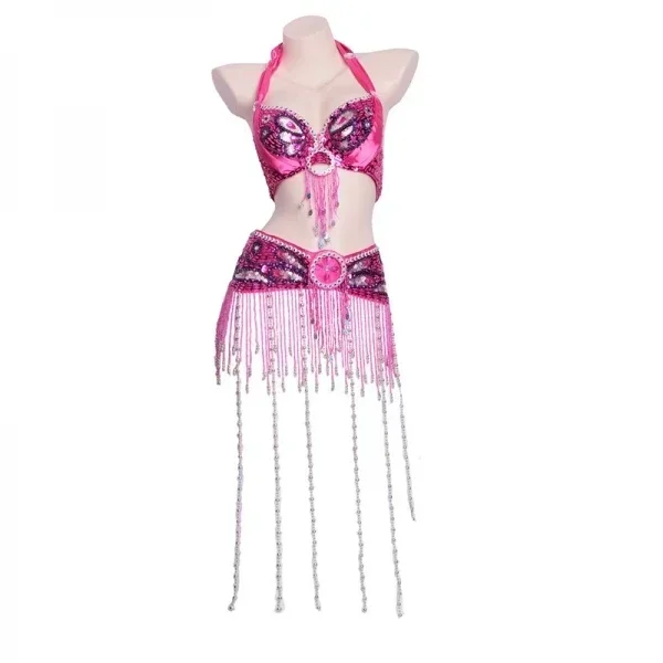 Vente en gros 12 couleurs danse du ventre paon soutien-gorge costume sexy gland perles soutien-gorge et ceinture ensemble pour femmes danse du ventre performance vêtements
