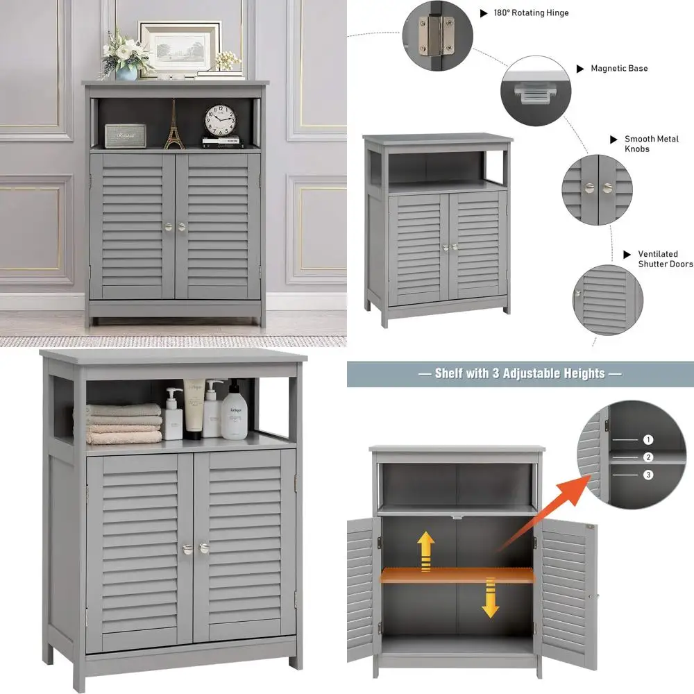 

Grey Wooden Freestanding Bathroom Storage Cabinet with Double Doors and Adjustable Shelves