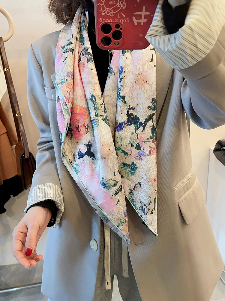 Pink 90cm Silk Scarf Mulberry Square Hem Roll Shawls Luxury Designer Bandana Silk Twill Flower Print