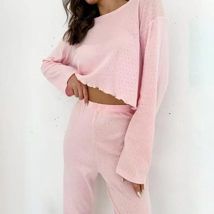 

Новые вязаные длинные брюки с цветочной вышивкой, комплект из двух предметов, комплект домашней одежды, топ и брюки, повседневная тонкая осенняя одежда для...