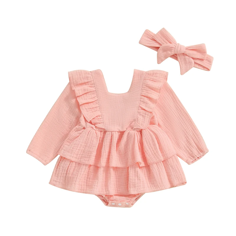 

Toddler Baby Girls 2 Piece Outfits Solid Color Ruffles Long Sleeve Romper Dress and Cute Headband Infant Set