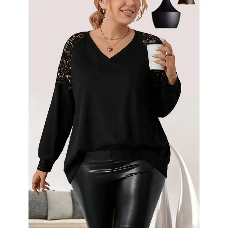 Latest Popular Plus Size Women's Plus Size Contrasting Lace Fashion T-shirt Women's Solid Color Trendy Lace Top