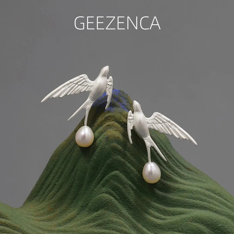 

GEEZENCA 925, серебряные жемчужные 3D массивные серьги с изображением ласточки и птицы, женские дизайнерские модные изящные уникальные серьги-гвоздики, подарок на вечеринку для нее
