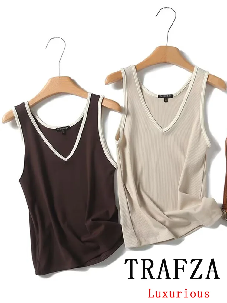 TRAFZA Vintage Casual Chic Women Tops Solid V-Neck Sleeveless Short Slim Vest New Fashion 2024 Spring Summer Holiday Female Tops