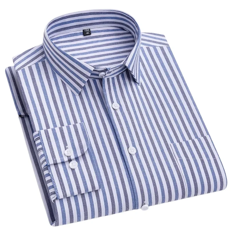 Quality 100%Pure Cotton Men Long Sleeve Social Shirt for Oxford Shirt Men Plaid Striped Work Casual Pocket Shirts S- 7XL 8XL
