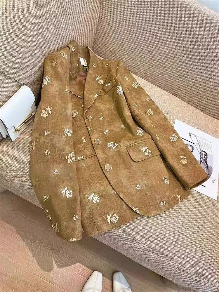 Vintage Rose Print Suit Jacket for Women Spring Loose Single Breasted Lapel Coats Korean Streetwear All Match Long Sleeve Blazer