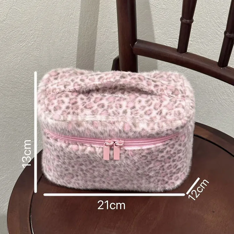 Wear-resistant Travel Toiletry Organizer Cute Storage CasePink Leopard Print Faux Fur Cosmetic Bag Women Plush Makeup Pouch view 6
