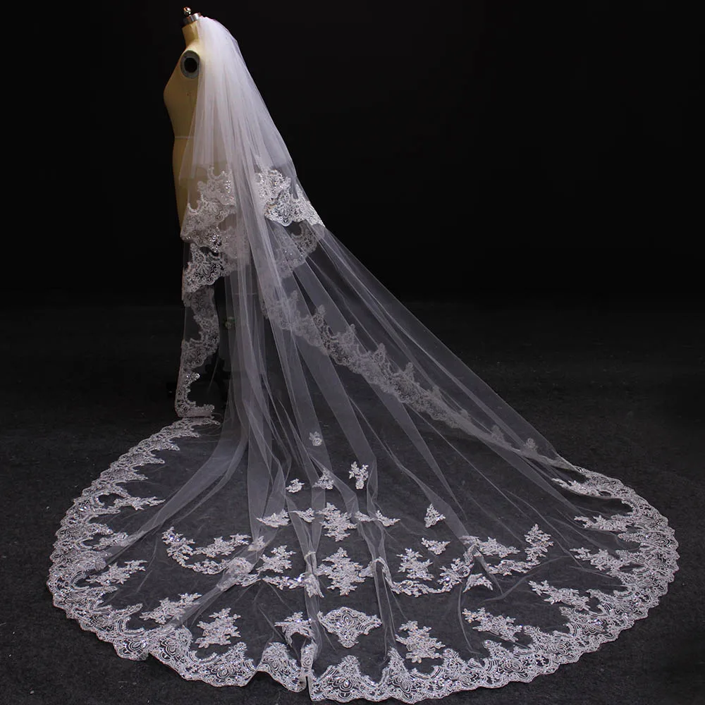 ส่องแสงเป็นประกายระยิบระยับสุดหรู Sequind ลูกไม้2ชั้น3เมตร Wedding Veils หวีใหม่สีขาวงาช้าง2 T ชุดเจ้าสาว