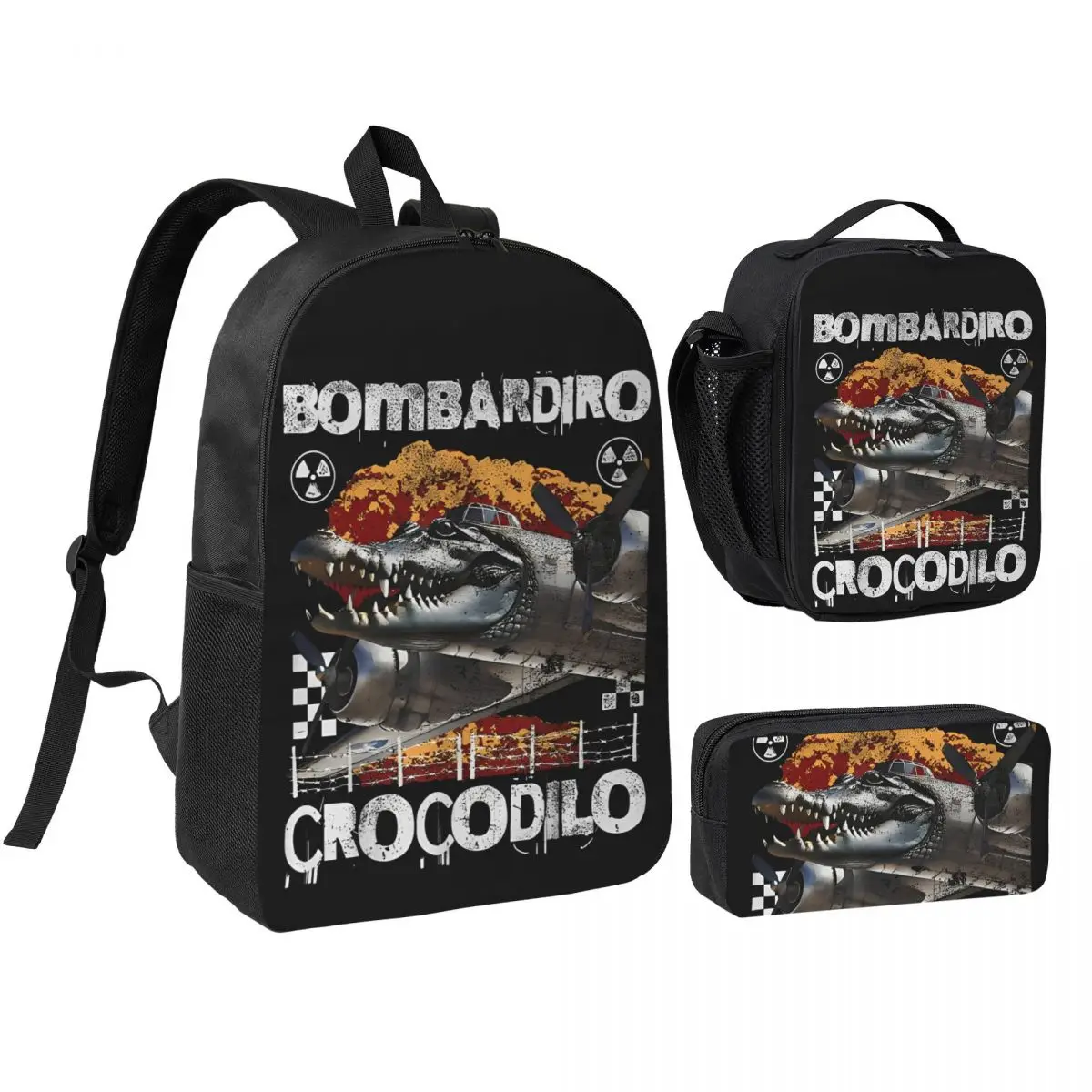 

3pecs/set Bombardino Crocodilo забавный рюкзак из кожи аллигатора для подростков итальянский Brainrot сумка для ноутбука сумка для обеда пенал