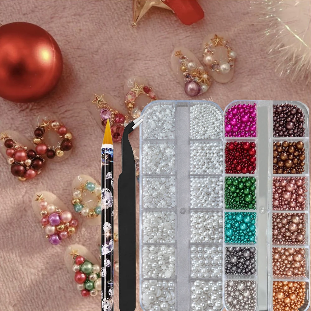 

2 коробки, 3D жемчуг, рождественские украшения для дизайна ногтей, разноцветные бусины, белые круглые икра, стразы для ногтей, рождественский венок, детали для ногтей