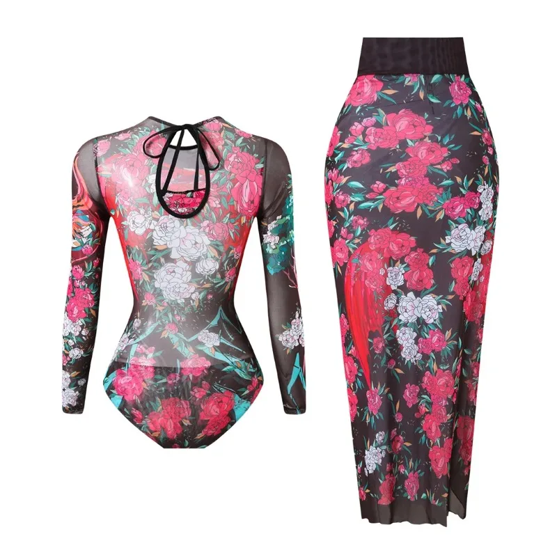 Vintage Print 2 Piece Swimsuit Women's Long Sleeve O Neck One Piece Swimsuit Bandage Cover Up Maxi Skirt Bathing Suit Beachwear