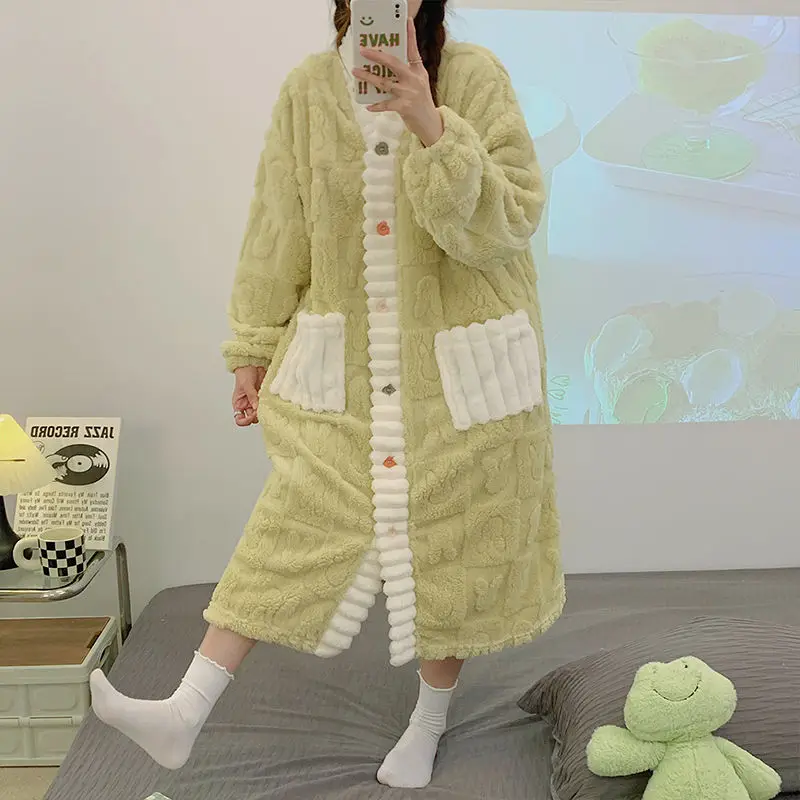 Floral Robe for Women V-neck Sleepwear Nightdress Winter Night Wears Pocket Warm Pajama One Piece Nightgown Button Homewear