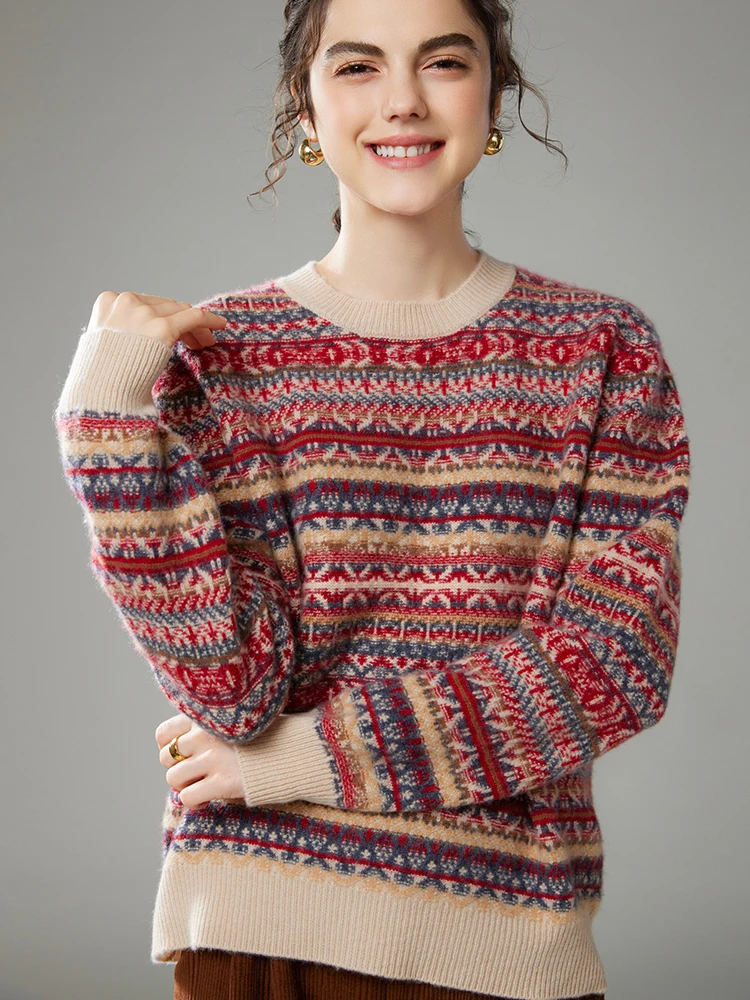 

TLOML женский 100% кашемировый свитер с круглым вырезом Faire Lsle пуловер осень-зима толстый теплый жаккардовый винтажный кашемировый трикотаж топы