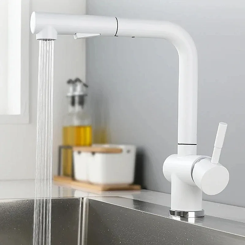 White Kitchen Faucet Pull Out Sprayer 4 Modes 360 Rotation Hot Cold Mixer Tap Deck Mount