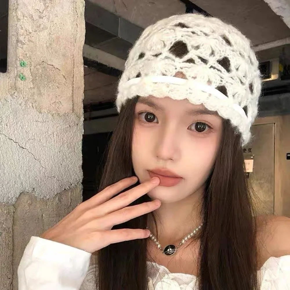 

Fashion with Knot Knitted Hat Hollow Design Korean Style Beanie Cap Crochet Hat Spring