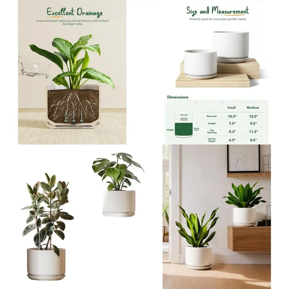 

Набор из 2 белых цветочных горшков, 10 и 12 дюймов, с дренажем, стильные, для комнатных растений, улучшают интерьер дома