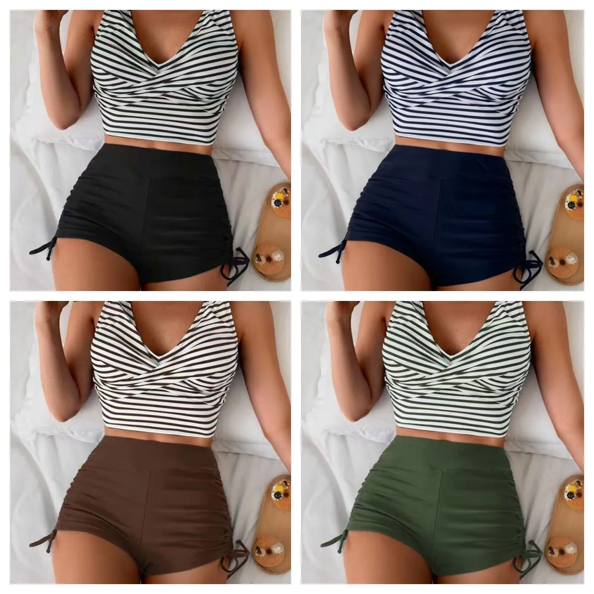 Women Swimwear Bikini Crop Top High Waist Shorts Bikinis Striped Top Swimsuit Cross Back Two Piece Swimsuit Woman Bathing Suit
