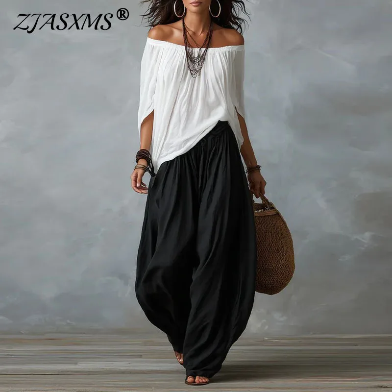 Ensemble deux pièces bohème pour femmes, haut fluide à épaules dénudées + pantalon sarouel ample, tenue décontractée pour l'été, la plage, les vacances, le streetwear