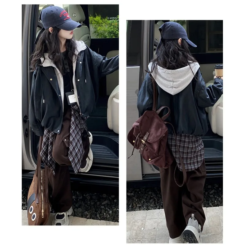 Girls' Jacket 2026 Autumn Outfit New Big Children's Retro Leather Children's Fake Two-piece Hooded Leather Jacket 4
