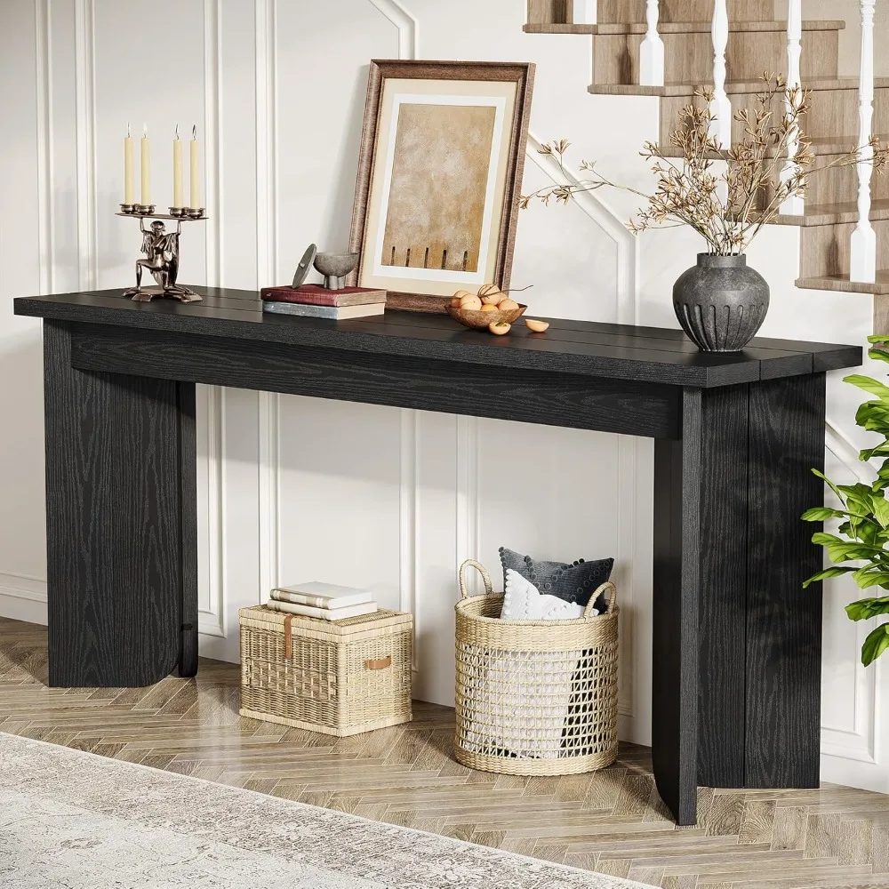 

Farmhouse Console Table,Extra Long Console Table, Wood Sofa Table Behind Couch with Widened Tabletop & Sturdy Double Pedestal