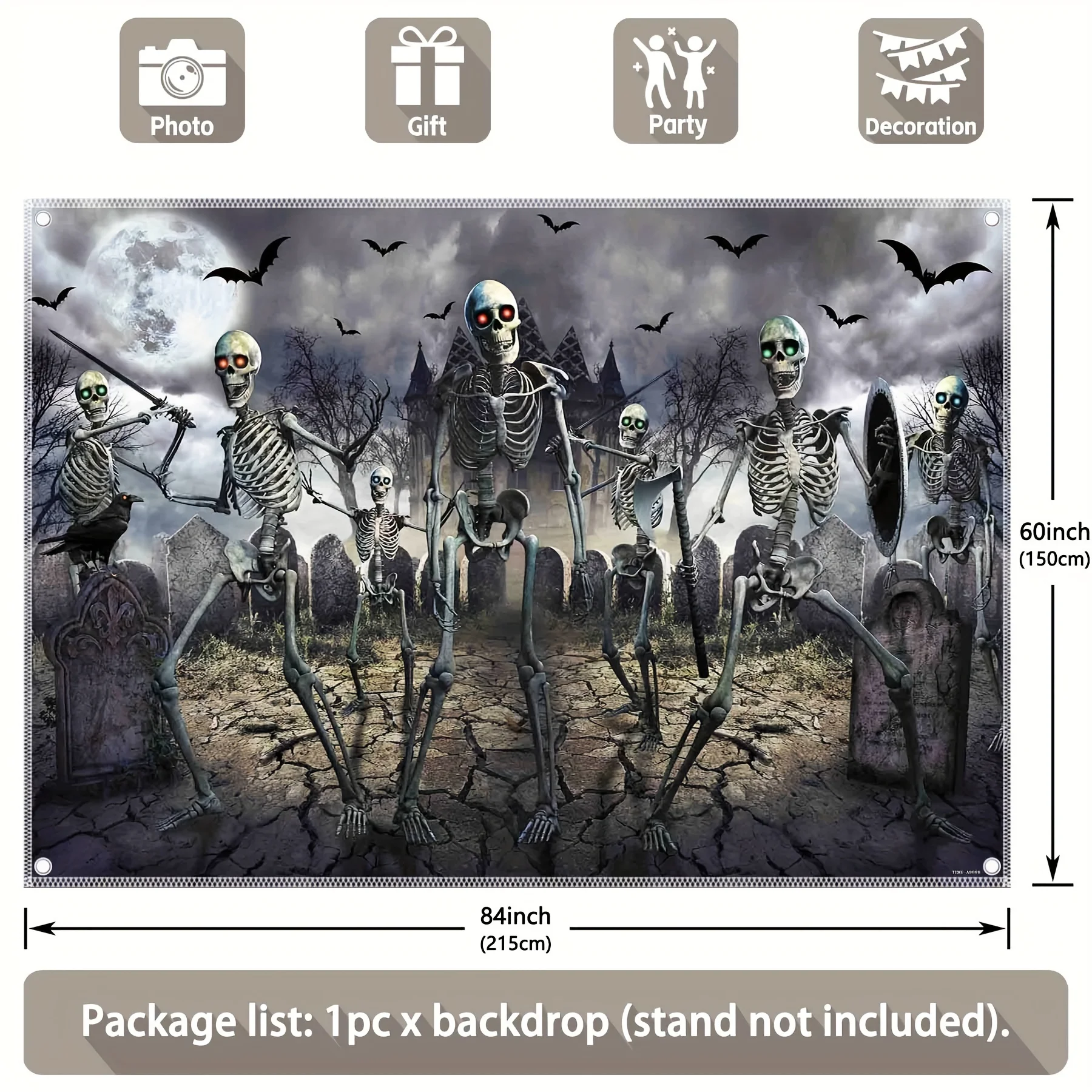 Halloween zombie polyester photography background, full moon night cemetery bat skeleton background, photo booth prop banner