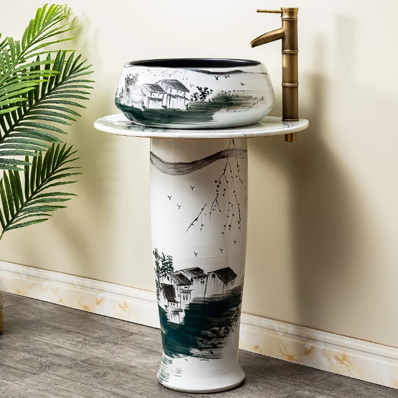 Hand drawn art ceramic column basin, household bathroom column basin, courtyard floor standing basin, basin