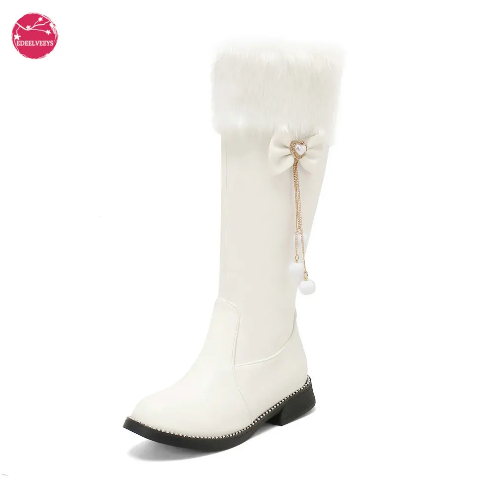 

Winter Women's Boots Sweet Lolita Knee High Platform Med Square Heels Bowtie Fur Inner Zipper Long Boots Party Cosplay Shoes