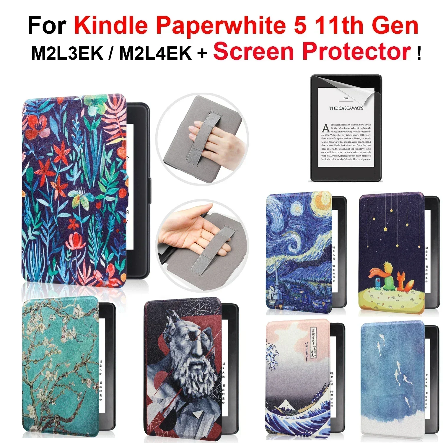 

Чехол для Kindle Paperwhite 11-го поколения 6,8 дюйма 2021 + защитная пленка для экрана, ремешок для рук, электронная книга, автоматическое пробуждение, сон M2L3EK M2L4EK