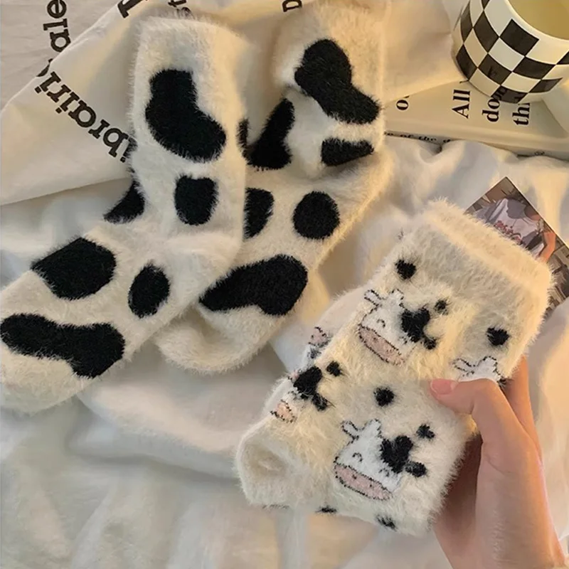 

Winter Soft Fleece Cute Cow Socks Women Cartoon Mink Velvet Warm Home Sleeping Floor Boot Socks Kawaii Y2K Thermal Mid-tube Sox