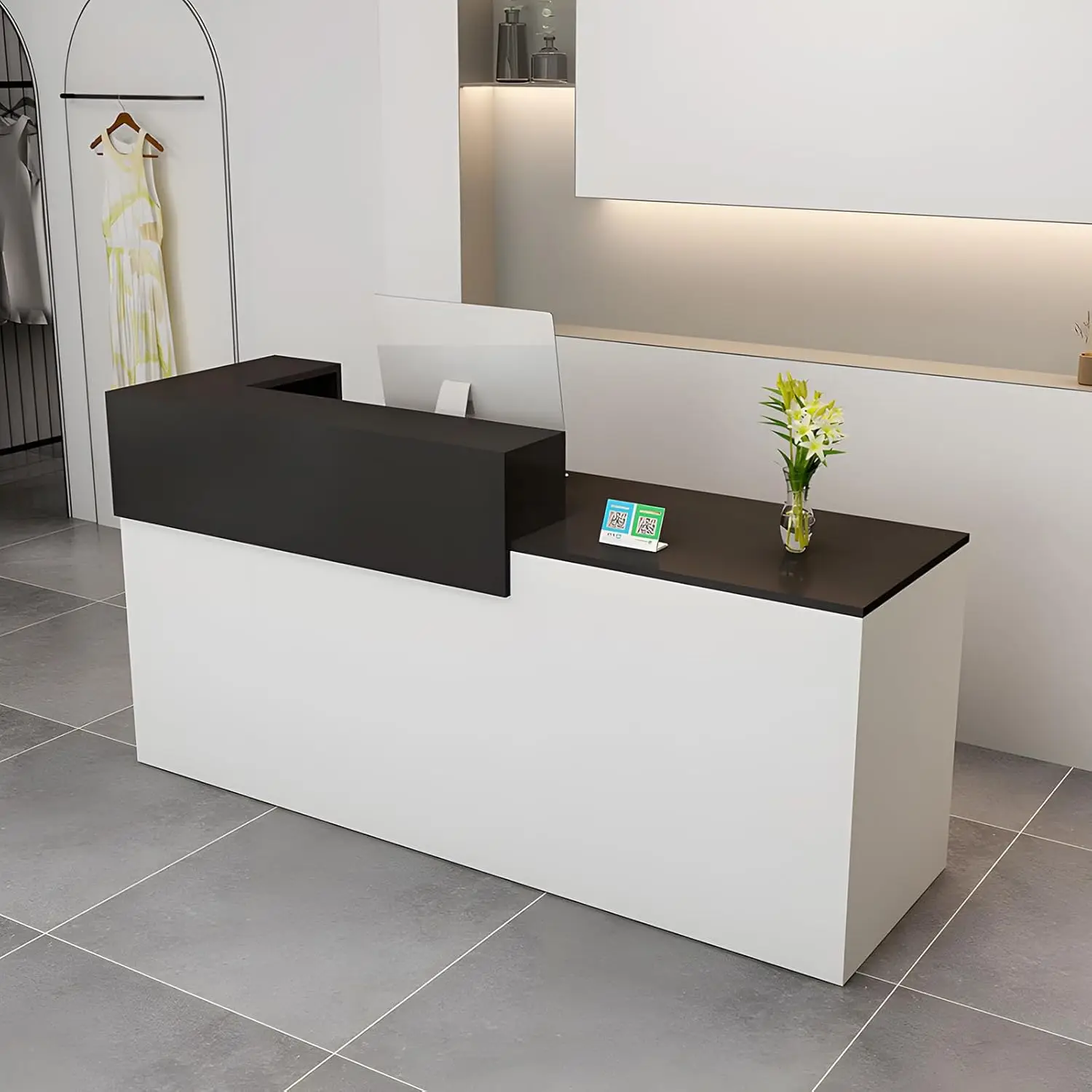 Modern Reception Desk with Drawer & Open Shelves, 39-95 Inch Front Counter Table, Computer Workstation Suitable for Salons, Offi