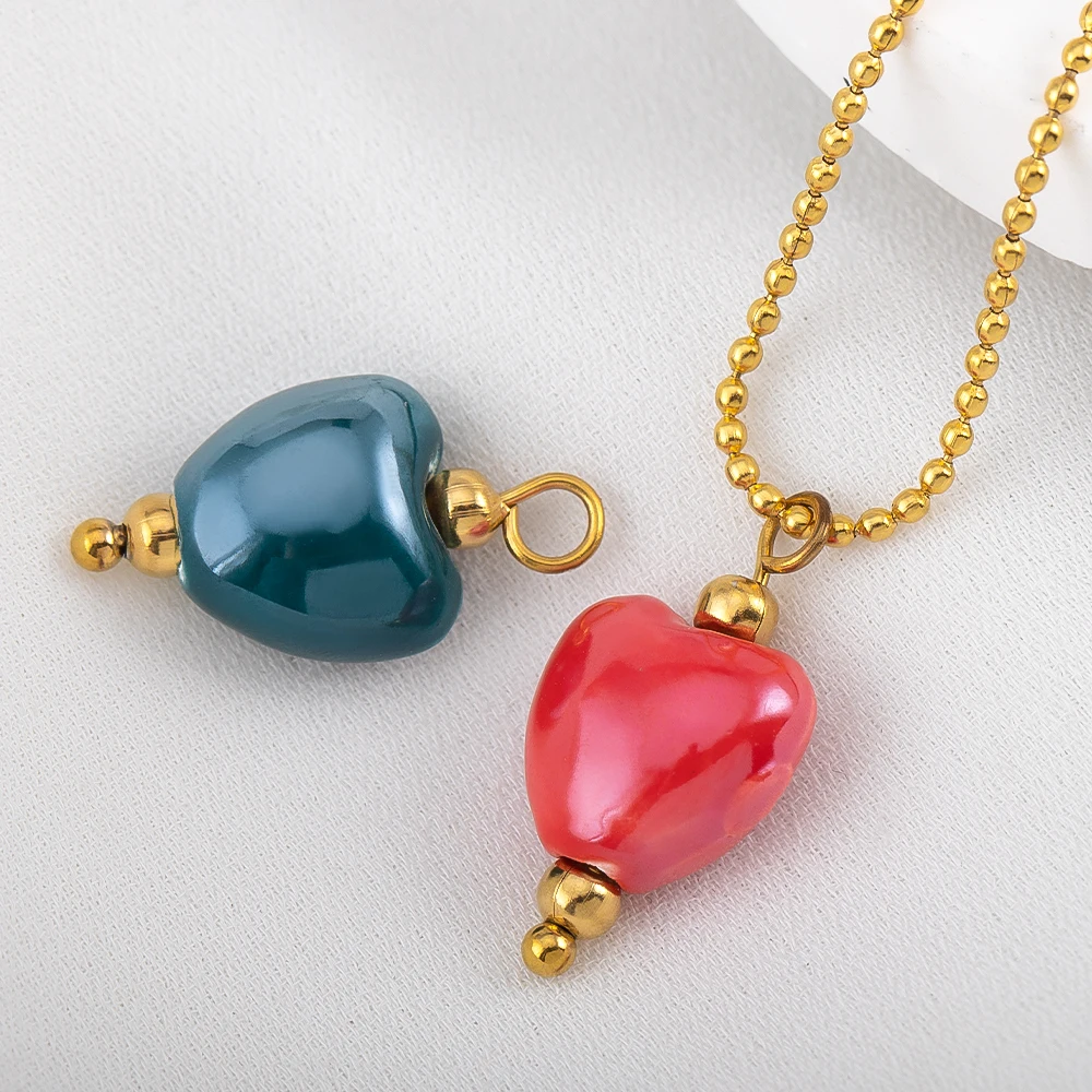 5Pcs Painted Ceramic Hoop Cylinder Bead Blue Flower Heart Pendant Stainless Steel Charm for Earring Jewelry Making Supplies view 3