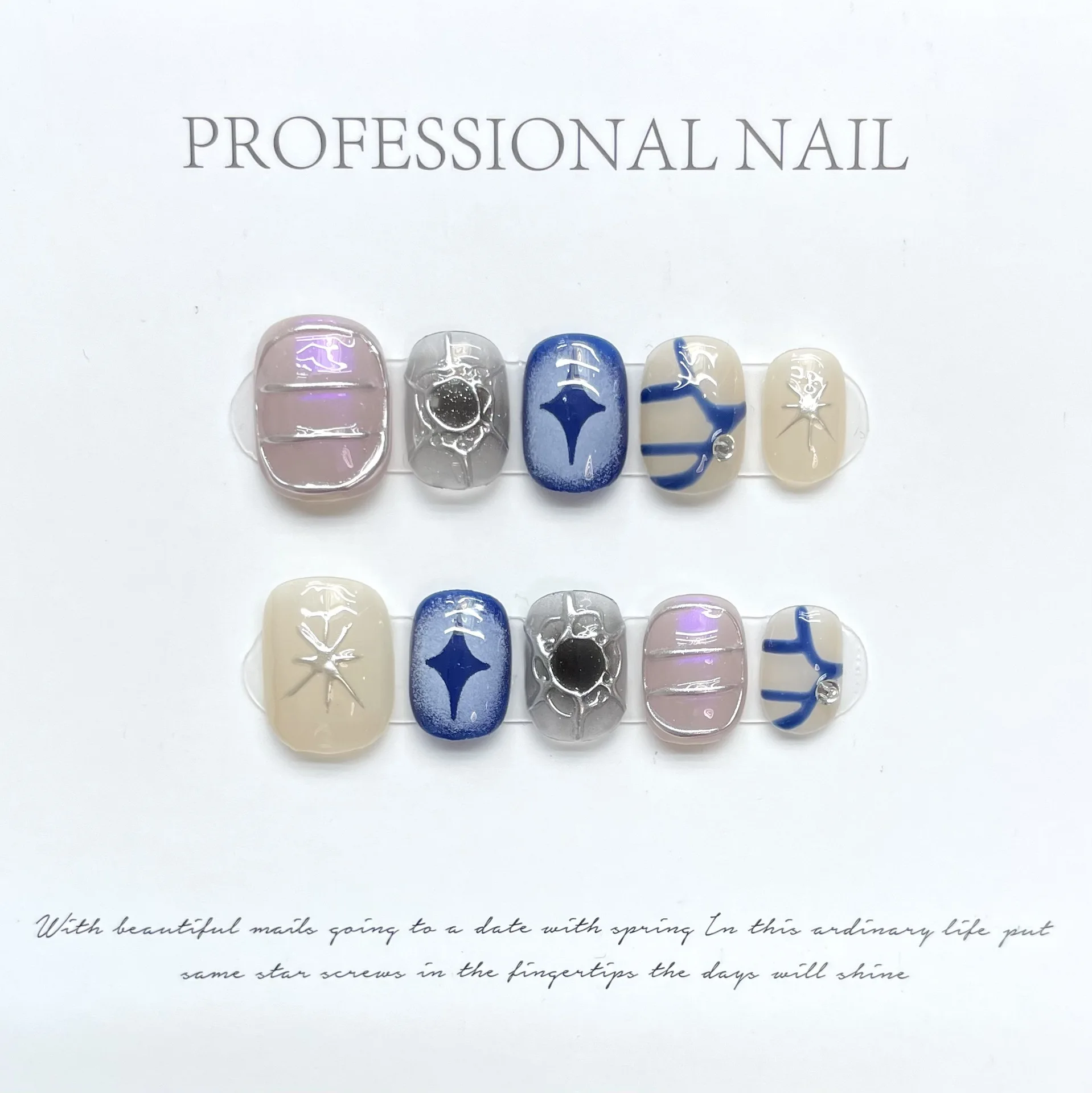 10 Stück Spice Girl Y2k Sterne Kurze quadratische Designs Press on Nails Full Cover Ballet Handmade Blue Star Diamond Falsche Nägel mit Kleber – Detail 4