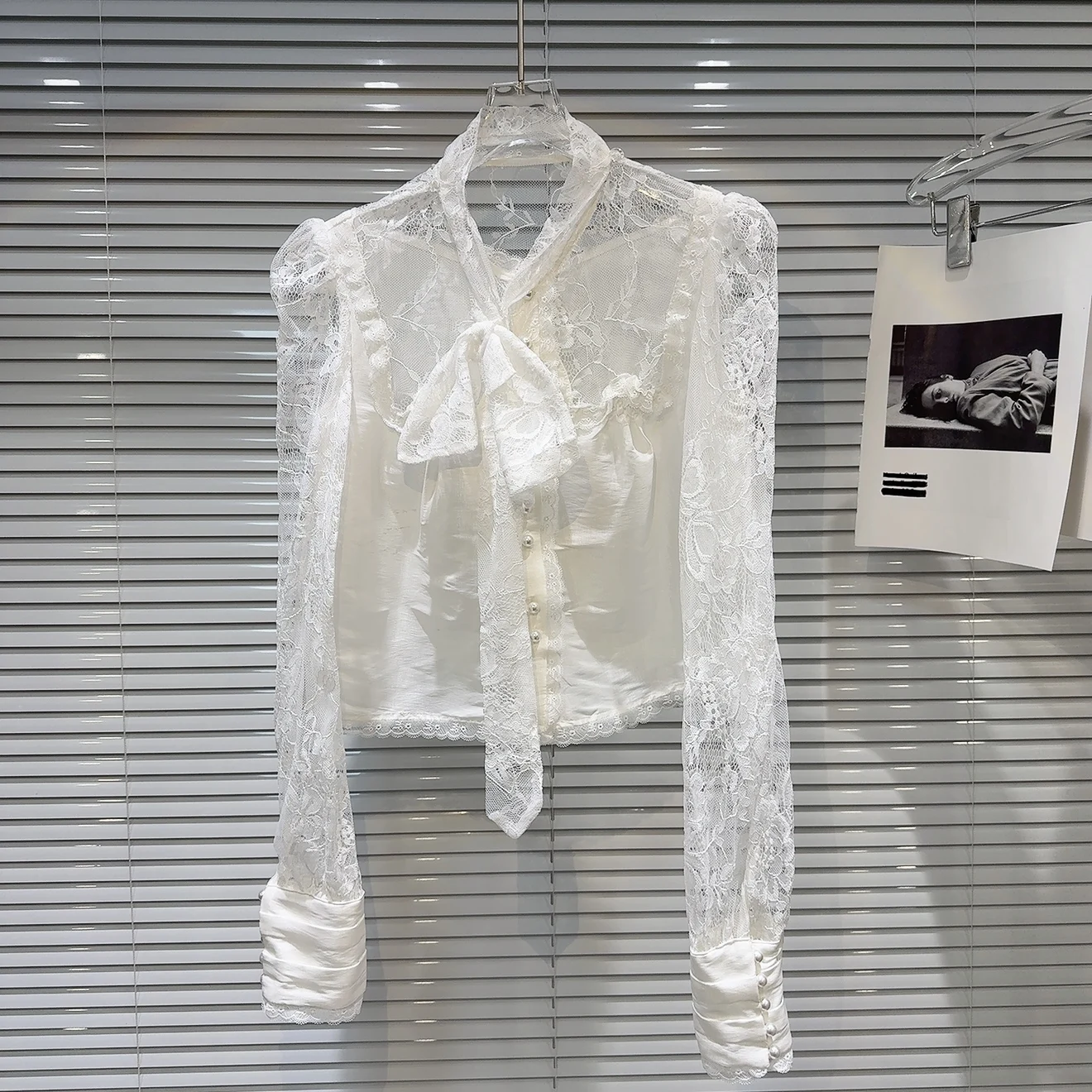 

Spring 2026 New Sle French Sle Slim Fit Lace irt Knot Tie See tough Ele Lady irt Long Sve Collar